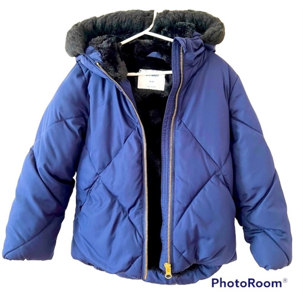 Old Navy- Little Girls Puff Jacket Size 4 Fur Lined Navy Blue